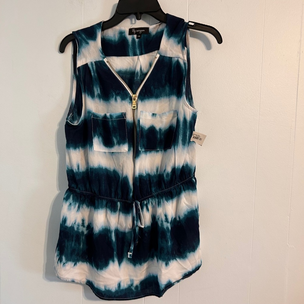 Lily‎ Morgan Womens Blue White Tie Dye Sleeveless Half Zip Drawstring Top Large